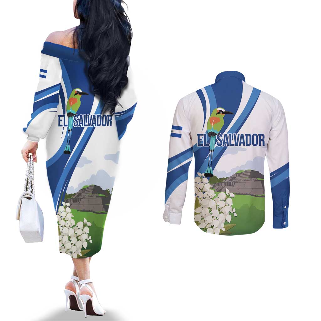 El Salvador Tazumal Couples Matching Off The Shoulder Long Sleeve Dress and Long Sleeve Button Shirt Flor de Izote with Torogoz Bird - Wonder Print Shop