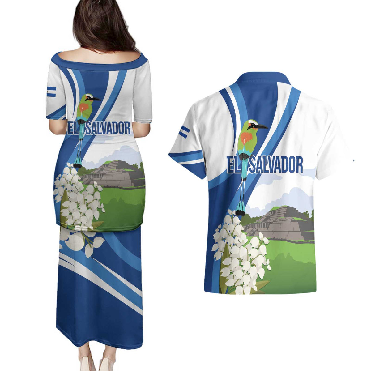 El Salvador Tazumal Couples Matching Puletasi and Hawaiian Shirt Flor de Izote with Torogoz Bird - Wonder Print Shop