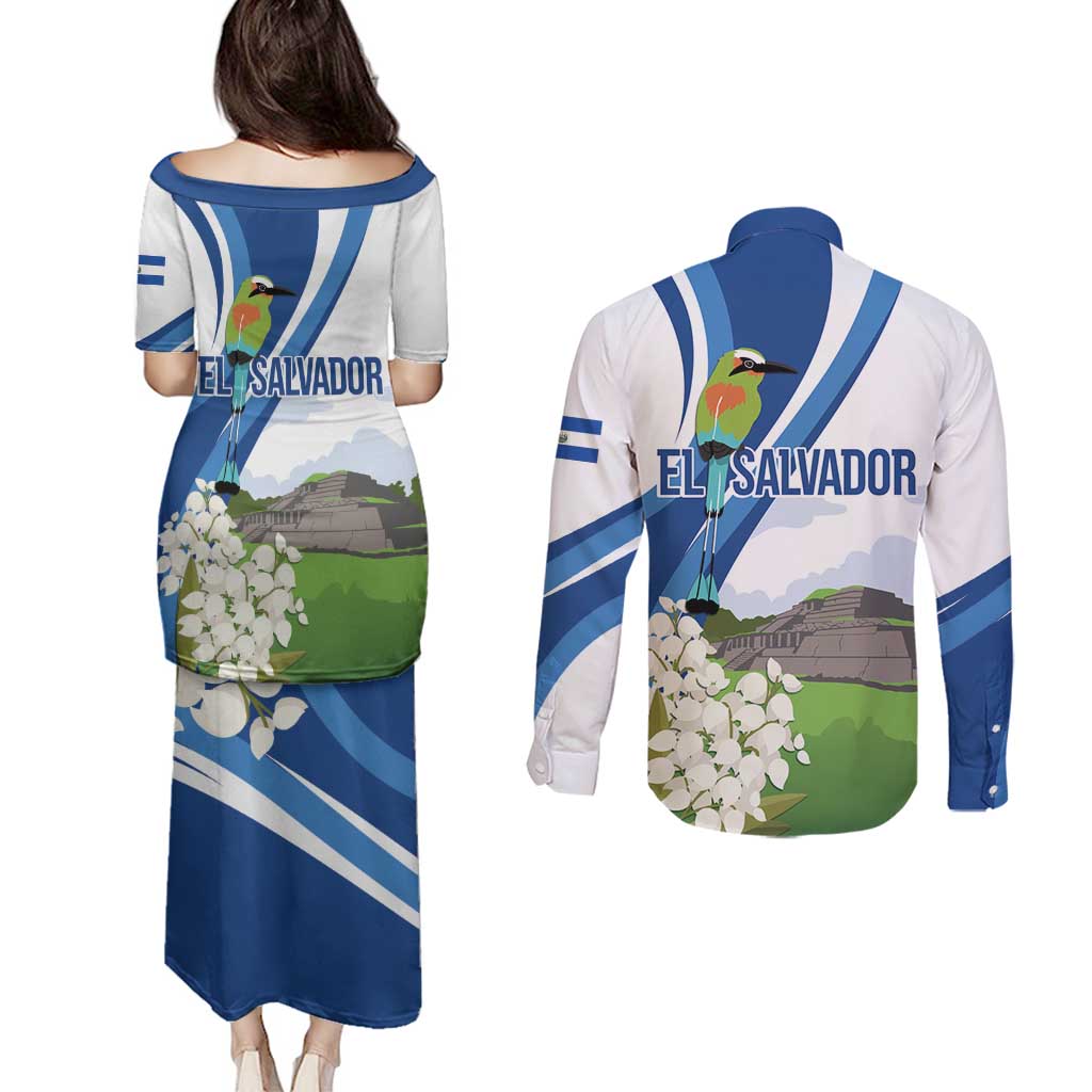 El Salvador Tazumal Couples Matching Puletasi and Long Sleeve Button Shirt Flor de Izote with Torogoz Bird - Wonder Print Shop
