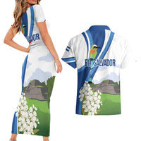 El Salvador Tazumal Couples Matching Short Sleeve Bodycon Dress and Hawaiian Shirt Flor de Izote with Torogoz Bird - Wonder Print Shop