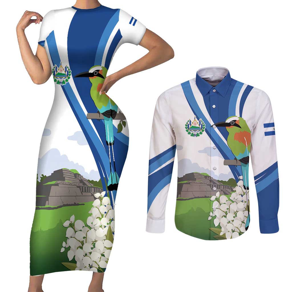 El Salvador Tazumal Couples Matching Short Sleeve Bodycon Dress and Long Sleeve Button Shirt Flor de Izote with Torogoz Bird - Wonder Print Shop
