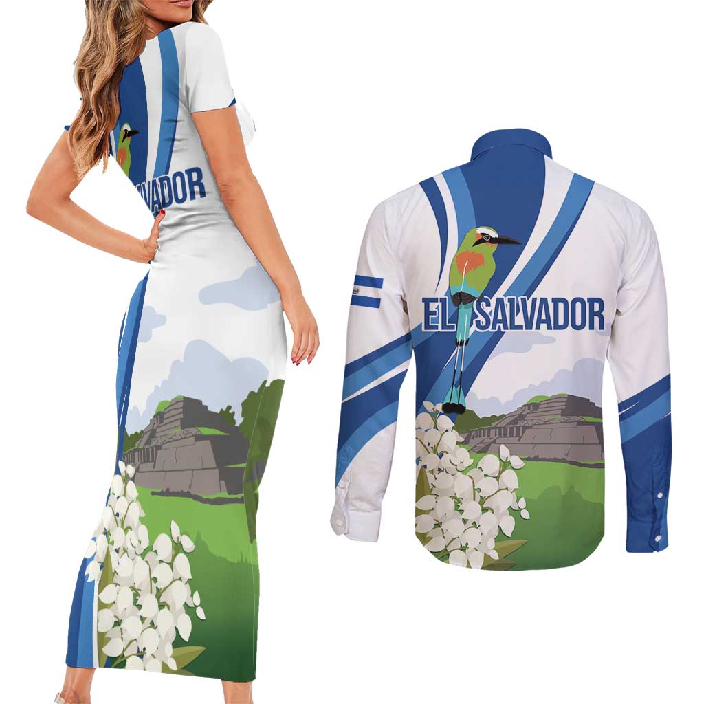 El Salvador Tazumal Couples Matching Short Sleeve Bodycon Dress and Long Sleeve Button Shirt Flor de Izote with Torogoz Bird - Wonder Print Shop