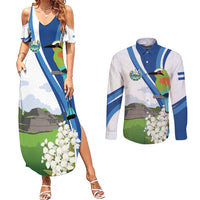 El Salvador Tazumal Couples Matching Summer Maxi Dress and Long Sleeve Button Shirt Flor de Izote with Torogoz Bird - Wonder Print Shop