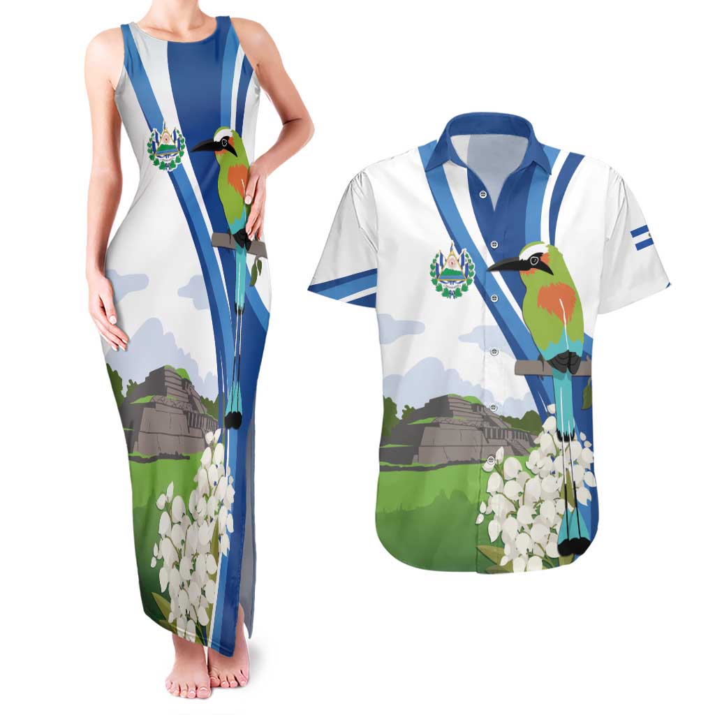 El Salvador Tazumal Couples Matching Tank Maxi Dress and Hawaiian Shirt Flor de Izote with Torogoz Bird - Wonder Print Shop