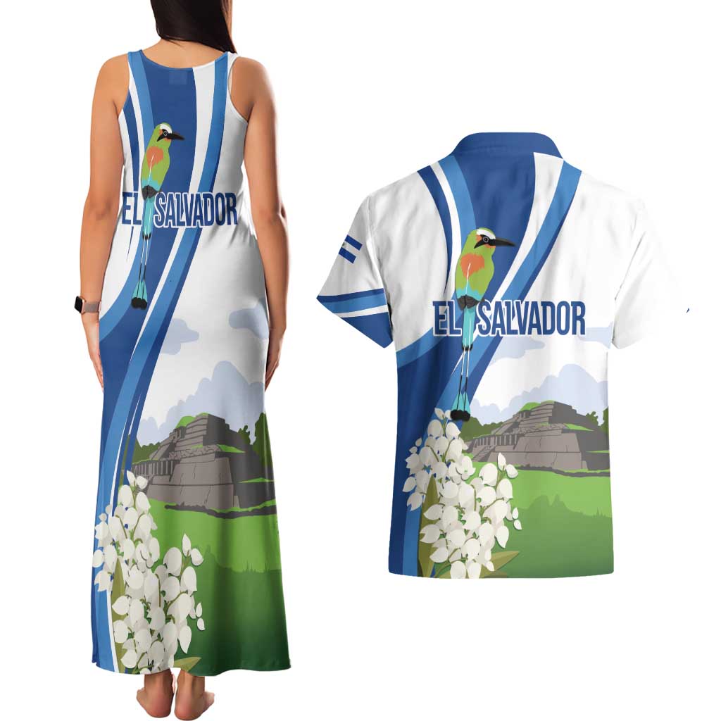 El Salvador Tazumal Couples Matching Tank Maxi Dress and Hawaiian Shirt Flor de Izote with Torogoz Bird - Wonder Print Shop