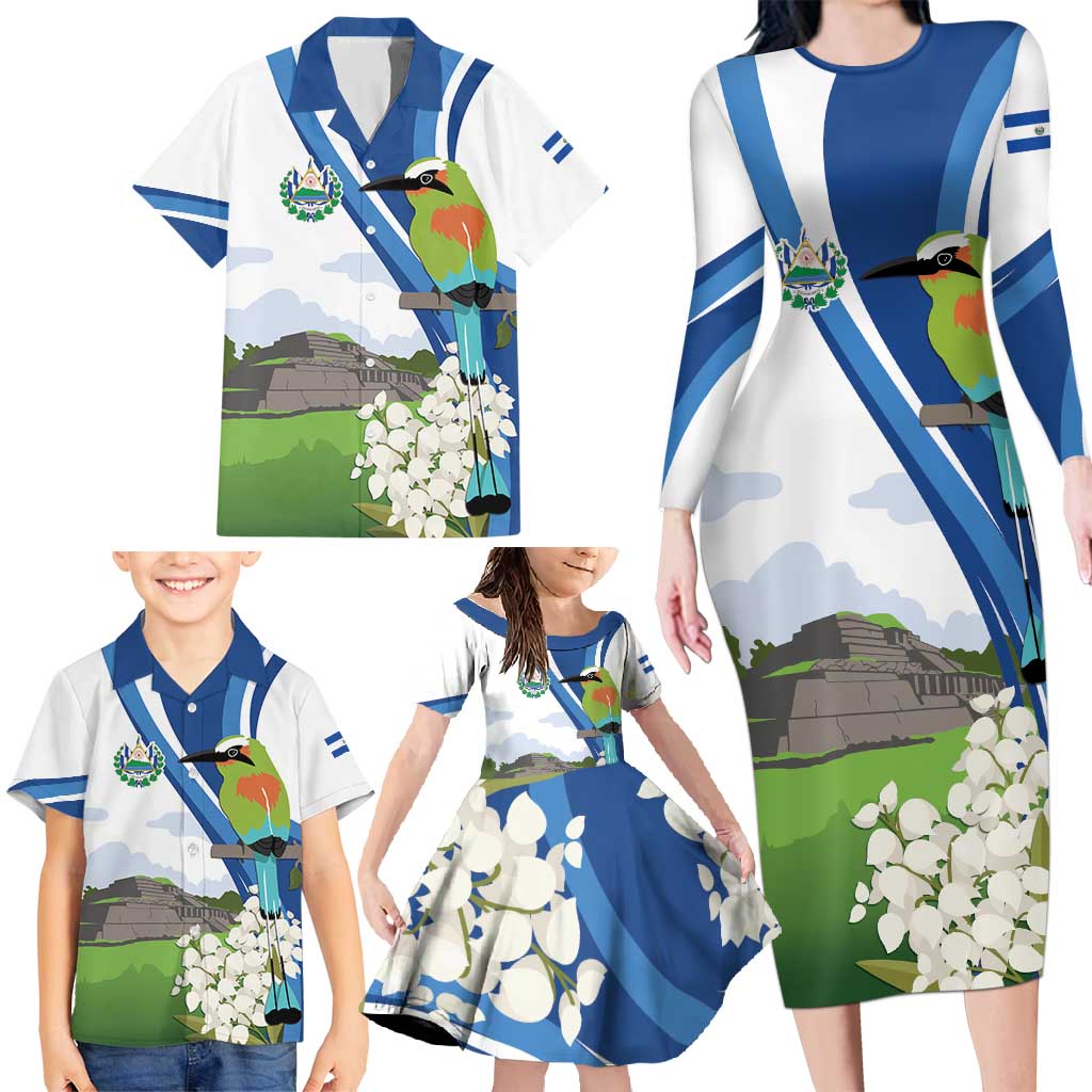 El Salvador Tazumal Family Matching Long Sleeve Bodycon Dress and Hawaiian Shirt Flor de Izote with Torogoz Bird - Wonder Print Shop