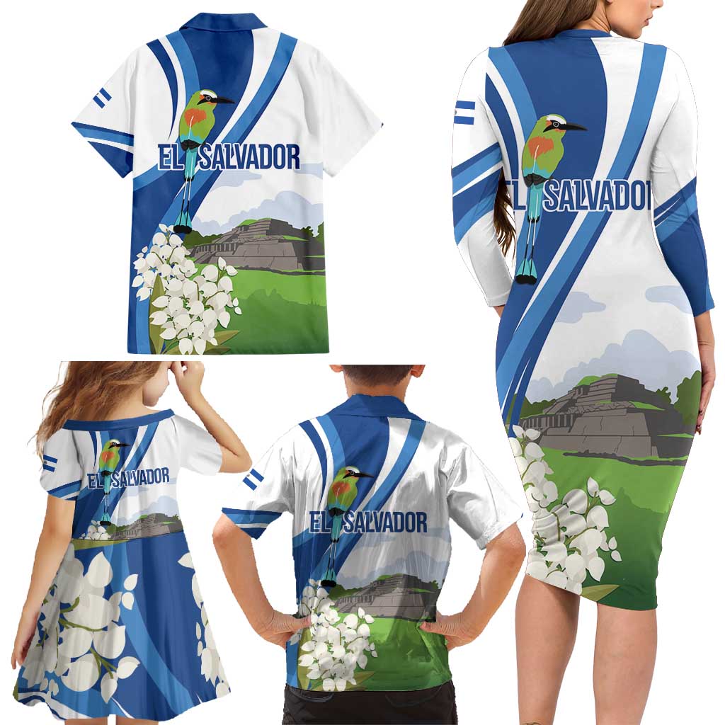 El Salvador Tazumal Family Matching Long Sleeve Bodycon Dress and Hawaiian Shirt Flor de Izote with Torogoz Bird - Wonder Print Shop
