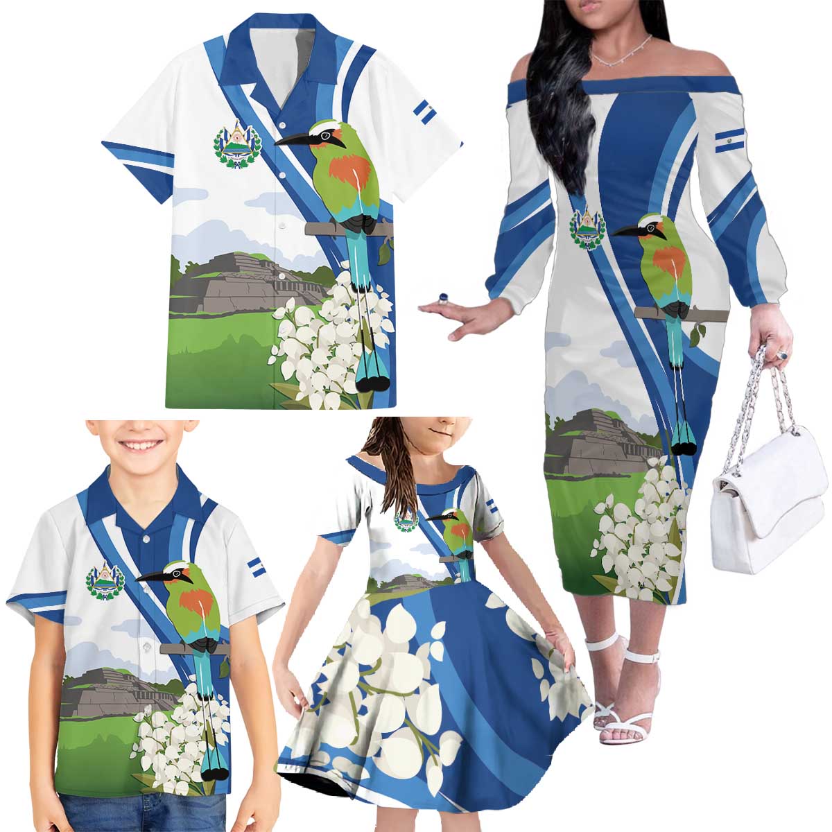 El Salvador Tazumal Family Matching Off The Shoulder Long Sleeve Dress and Hawaiian Shirt Flor de Izote with Torogoz Bird - Wonder Print Shop