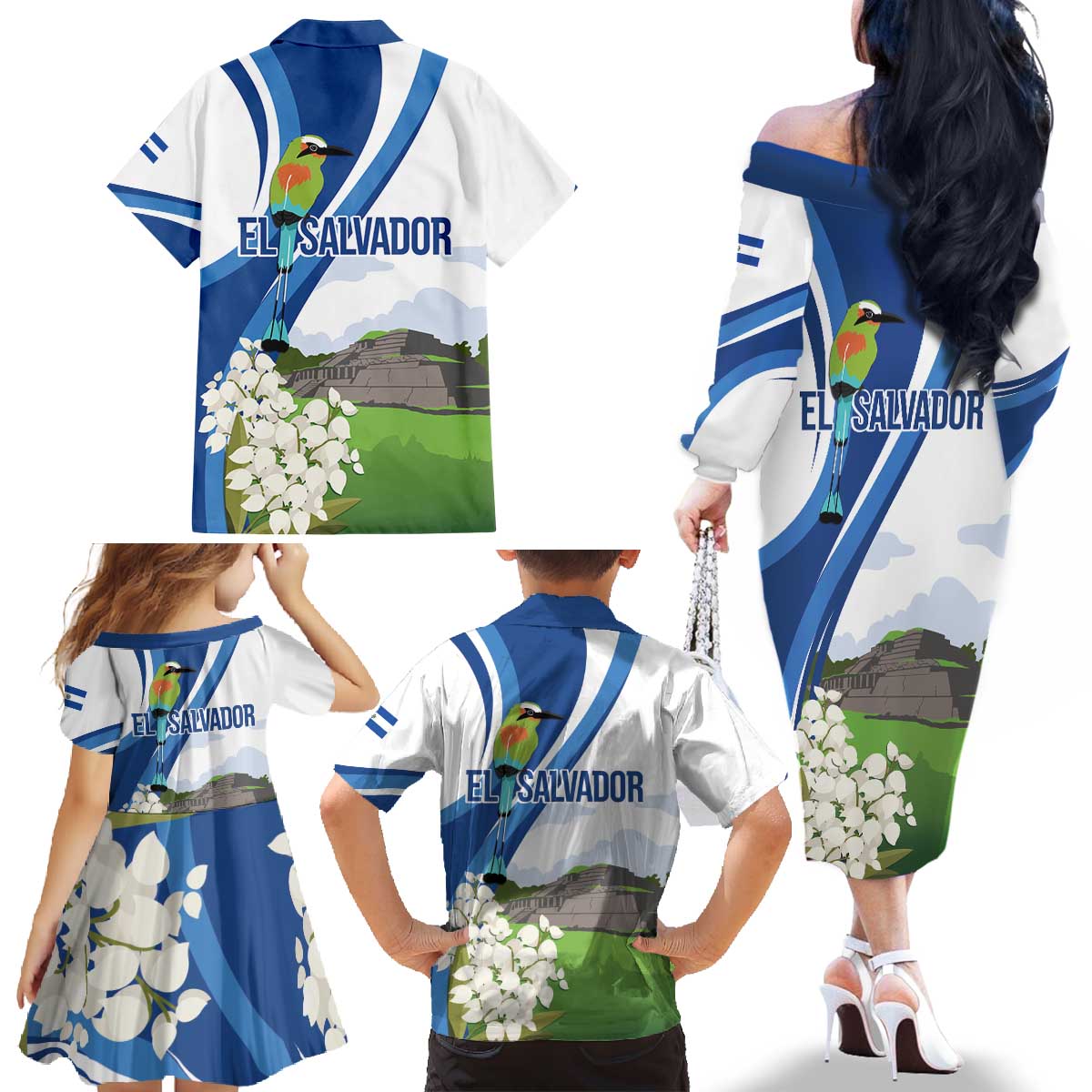 El Salvador Tazumal Family Matching Off The Shoulder Long Sleeve Dress and Hawaiian Shirt Flor de Izote with Torogoz Bird - Wonder Print Shop
