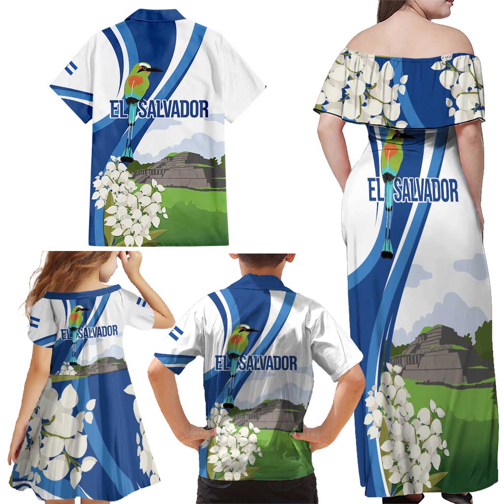 El Salvador Tazumal Family Matching Off Shoulder Maxi Dress and Hawaiian Shirt Flor de Izote with Torogoz Bird - Wonder Print Shop