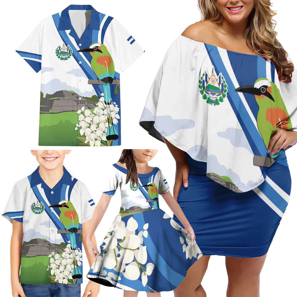 El Salvador Tazumal Family Matching Off Shoulder Short Dress and Hawaiian Shirt Flor de Izote with Torogoz Bird - Wonder Print Shop