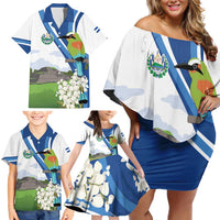 El Salvador Tazumal Family Matching Off Shoulder Short Dress and Hawaiian Shirt Flor de Izote with Torogoz Bird - Wonder Print Shop