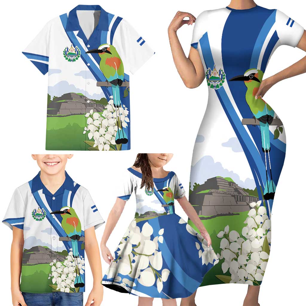 El Salvador Tazumal Family Matching Short Sleeve Bodycon Dress and Hawaiian Shirt Flor de Izote with Torogoz Bird - Wonder Print Shop