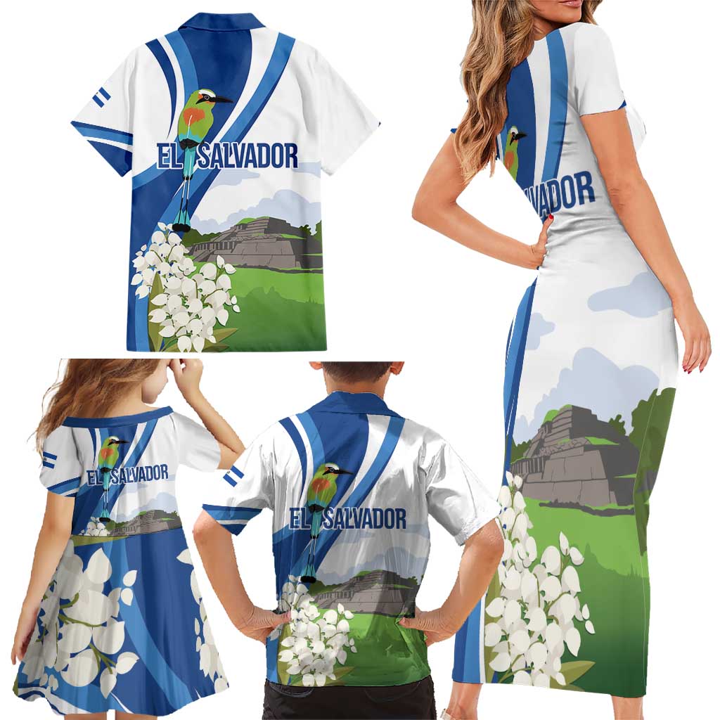 El Salvador Tazumal Family Matching Short Sleeve Bodycon Dress and Hawaiian Shirt Flor de Izote with Torogoz Bird - Wonder Print Shop