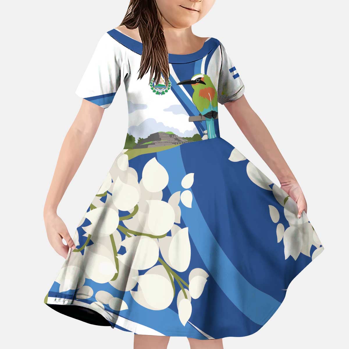 El Salvador Tazumal Kid Short Sleeve Dress Flor de Izote with Torogoz Bird - Wonder Print Shop