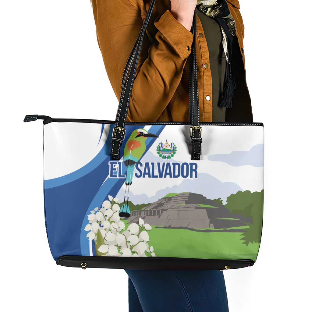 El Salvador Tazumal Leather Tote Bag Flor de Izote with Torogoz Bird - Wonder Print Shop