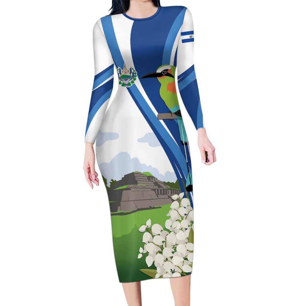 El Salvador Tazumal Long Sleeve Bodycon Dress Flor de Izote with Torogoz Bird - Wonder Print Shop