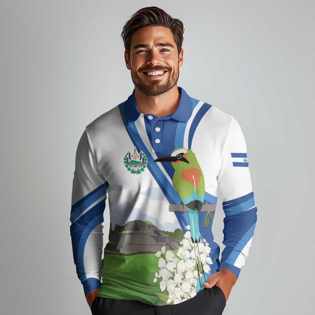 El Salvador Tazumal Long Sleeve Polo Shirt Flor de Izote with Torogoz Bird - Wonder Print Shop