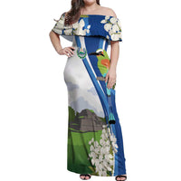 El Salvador Tazumal Off Shoulder Maxi Dress Flor de Izote with Torogoz Bird - Wonder Print Shop