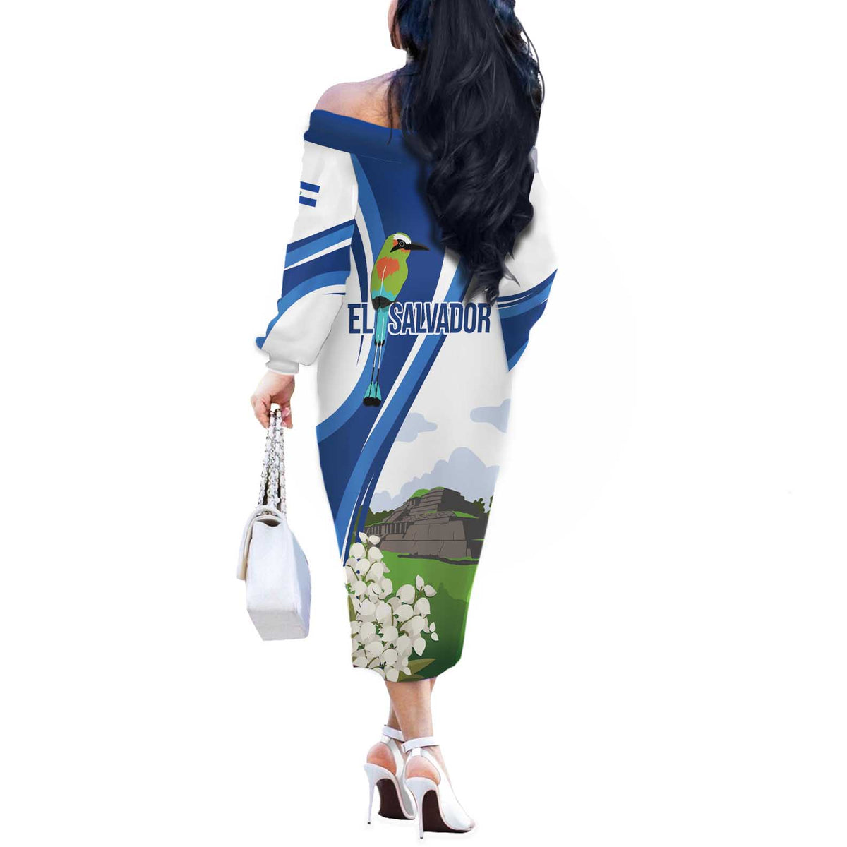 El Salvador Tazumal Off The Shoulder Long Sleeve Dress Flor de Izote with Torogoz Bird - Wonder Print Shop