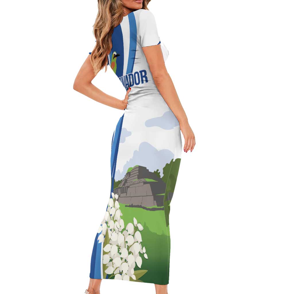 El Salvador Tazumal Short Sleeve Bodycon Dress Flor de Izote with Torogoz Bird - Wonder Print Shop