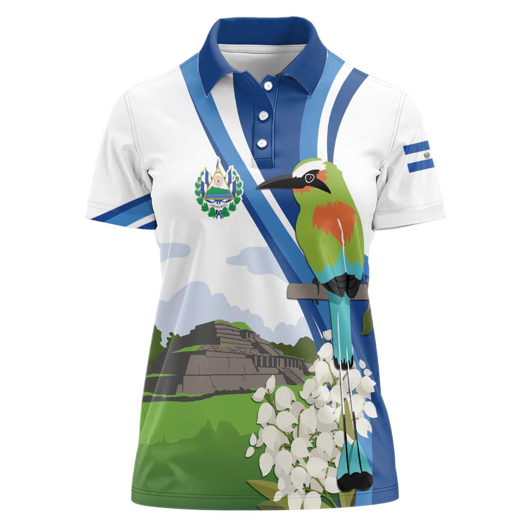 El Salvador Tazumal Women Polo Shirt Flor de Izote with Torogoz Bird - Wonder Print Shop