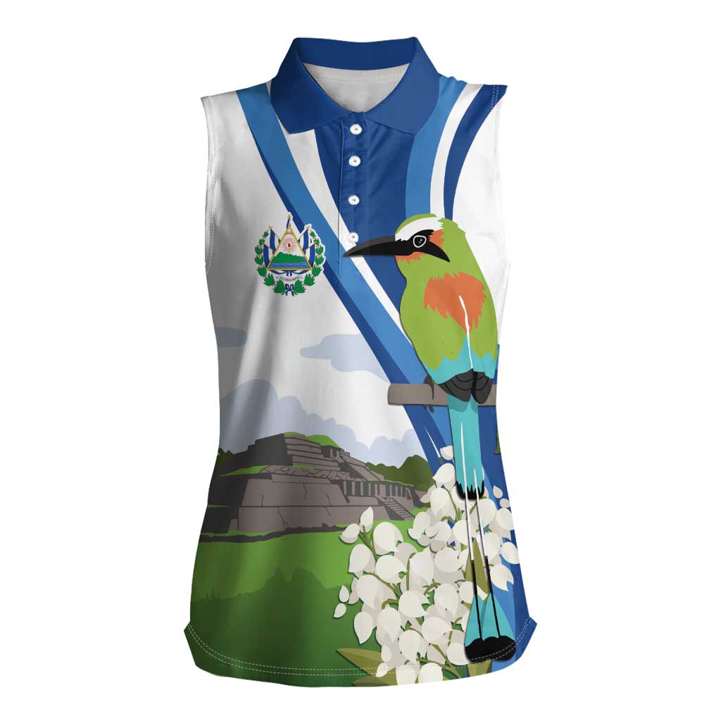 El Salvador Tazumal Women Sleeveless Polo Shirt Flor de Izote with Torogoz Bird - Wonder Print Shop