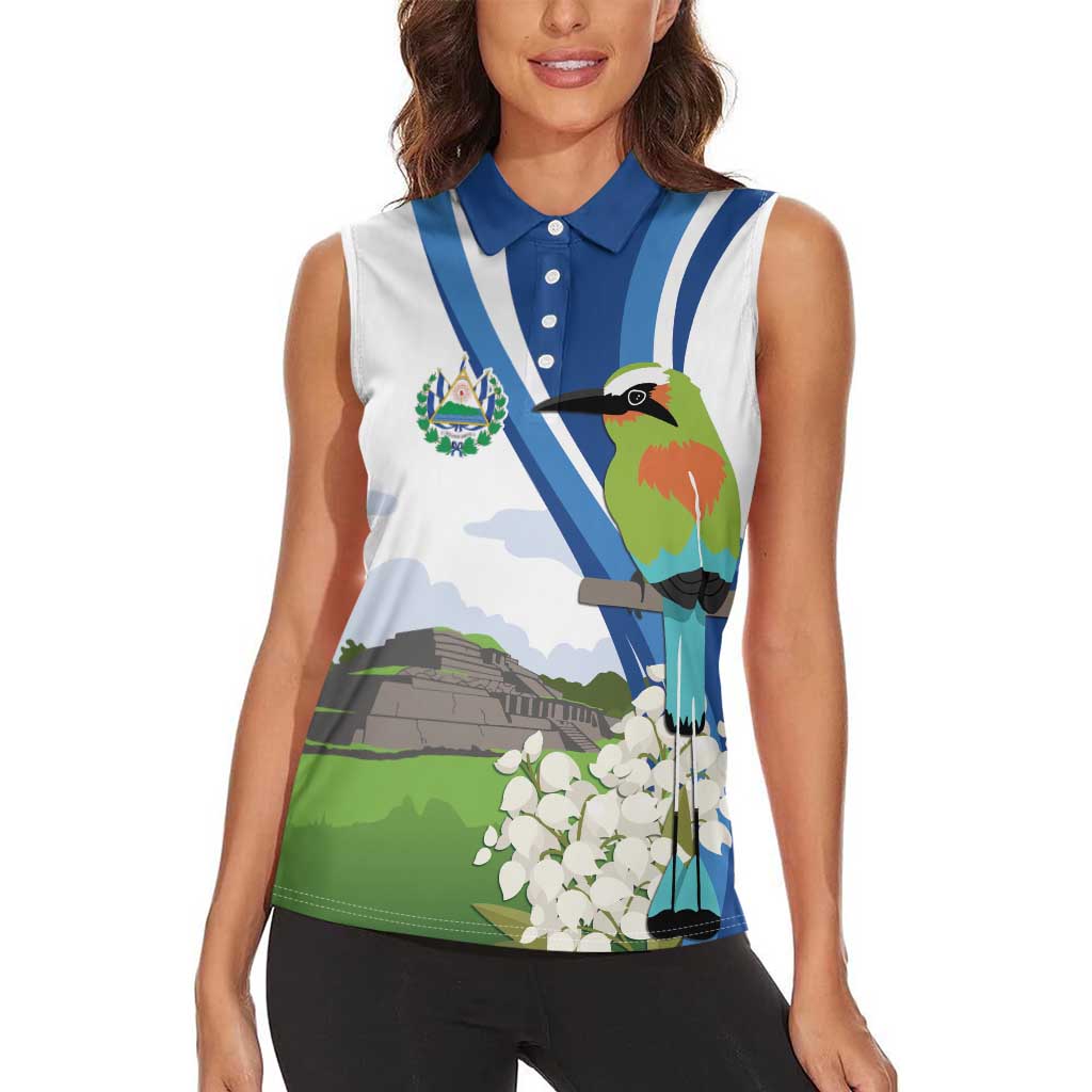 El Salvador Tazumal Women Sleeveless Polo Shirt Flor de Izote with Torogoz Bird - Wonder Print Shop
