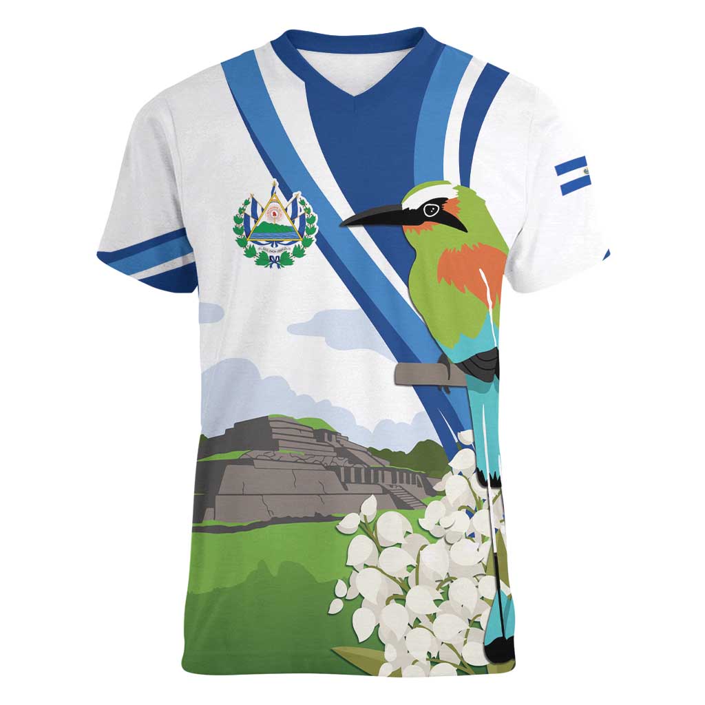 El Salvador Tazumal Women V-Neck T-Shirt Flor de Izote with Torogoz Bird - Wonder Print Shop