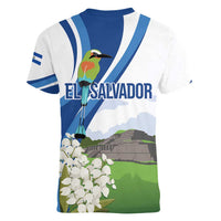El Salvador Tazumal Women V-Neck T-Shirt Flor de Izote with Torogoz Bird - Wonder Print Shop