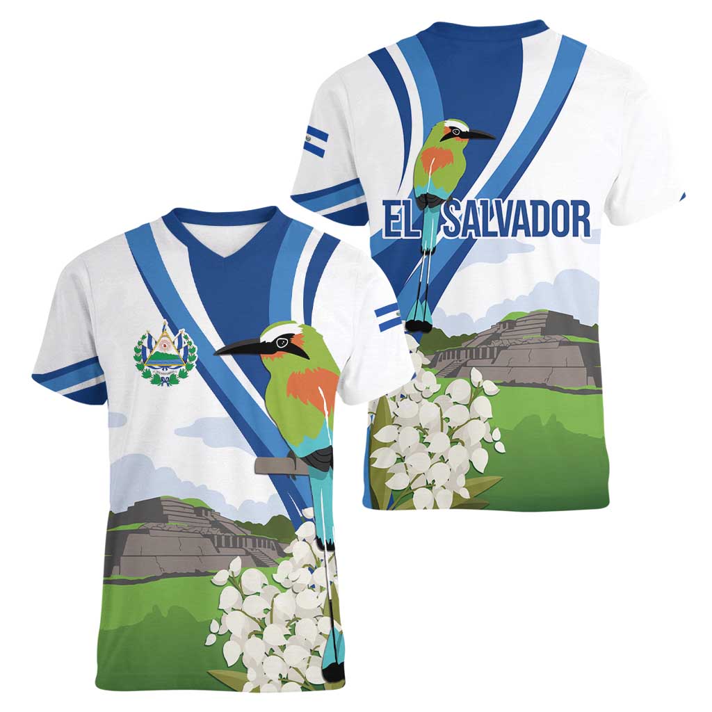 El Salvador Tazumal Women V-Neck T-Shirt Flor de Izote with Torogoz Bird - Wonder Print Shop
