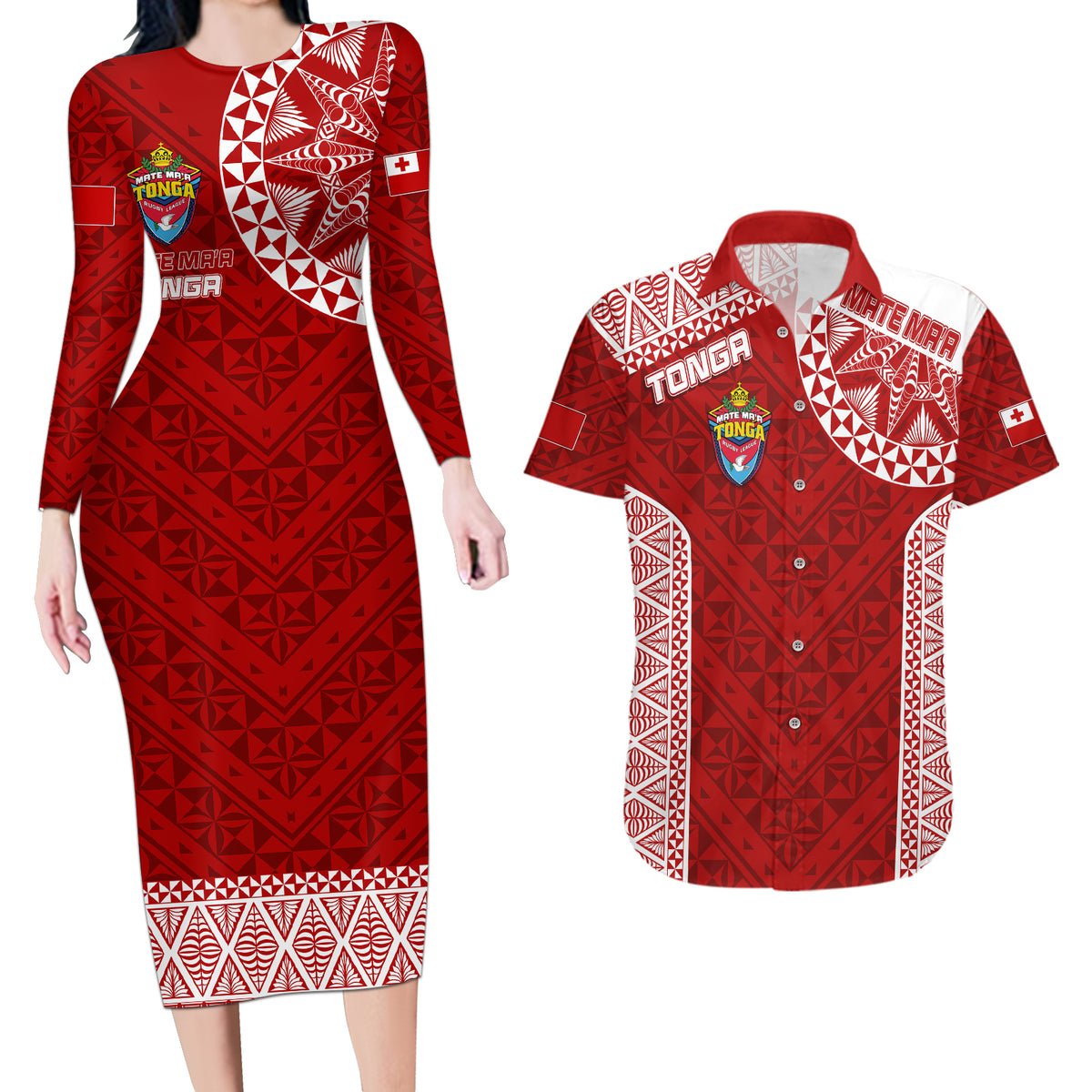 Personalised Tonga Rugby Couples Matching Long Sleeve Bodycon Dress and Hawaiian Shirt Mate Ma'a Tonga Champions LT7 - Wonder Print Shop