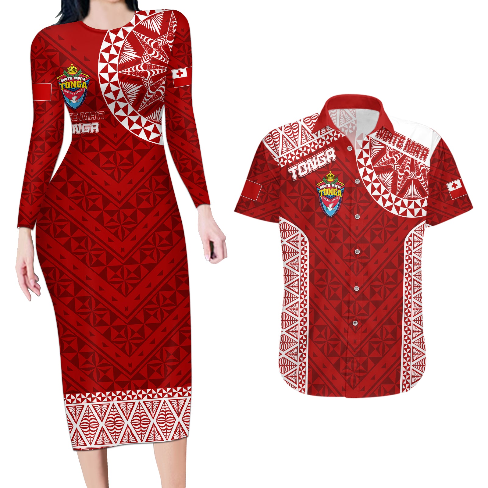 Personalised Tonga Rugby Couples Matching Long Sleeve Bodycon Dress and Hawaiian Shirt Mate Ma'a Tonga Champions LT7 - Wonder Print Shop