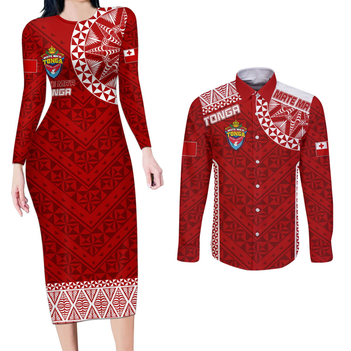 Personalised Tonga Rugby Couples Matching Long Sleeve Bodycon Dress and Long Sleeve Button Shirts Mate Ma'a Tonga Champions LT7 - Wonder Print Shop
