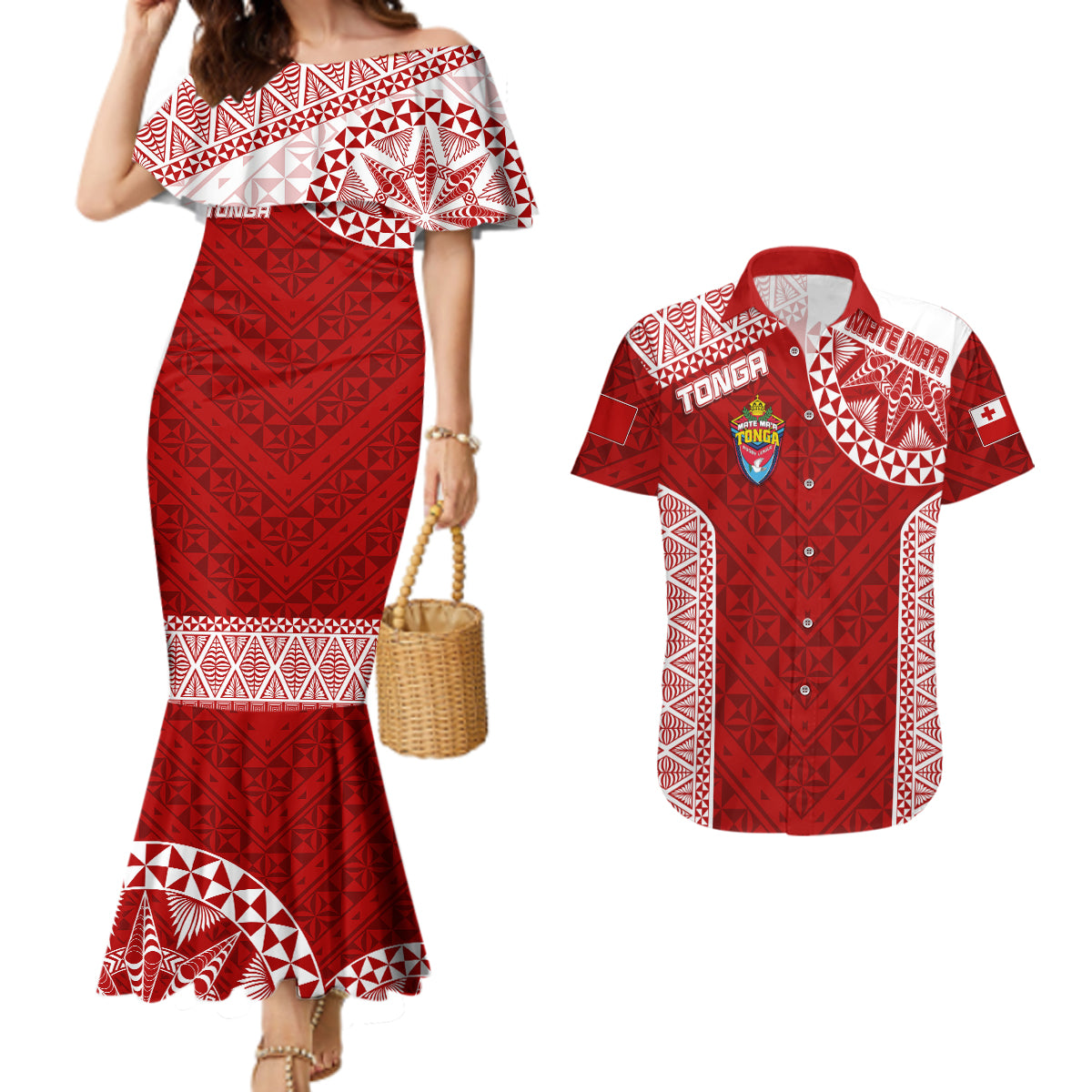 Personalised Tonga Rugby Couples Matching Mermaid Dress And Hawaiian Shirt Mate Ma'a Tonga Champions LT7 - Wonder Print Shop