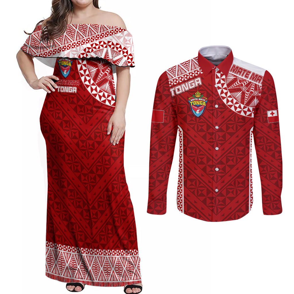 Personalised Tonga Rugby Couples Matching Off Shoulder Maxi Dress and Long Sleeve Button Shirts Mate Ma'a Tonga Champions LT7 - Wonder Print Shop