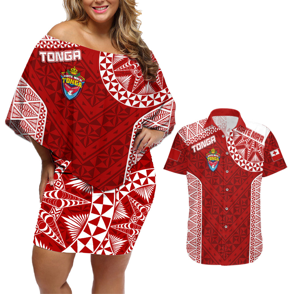 Personalised Tonga Rugby Couples Matching Off Shoulder Short Dress and Hawaiian Shirt Mate Ma'a Tonga Champions LT7 - Wonder Print Shop