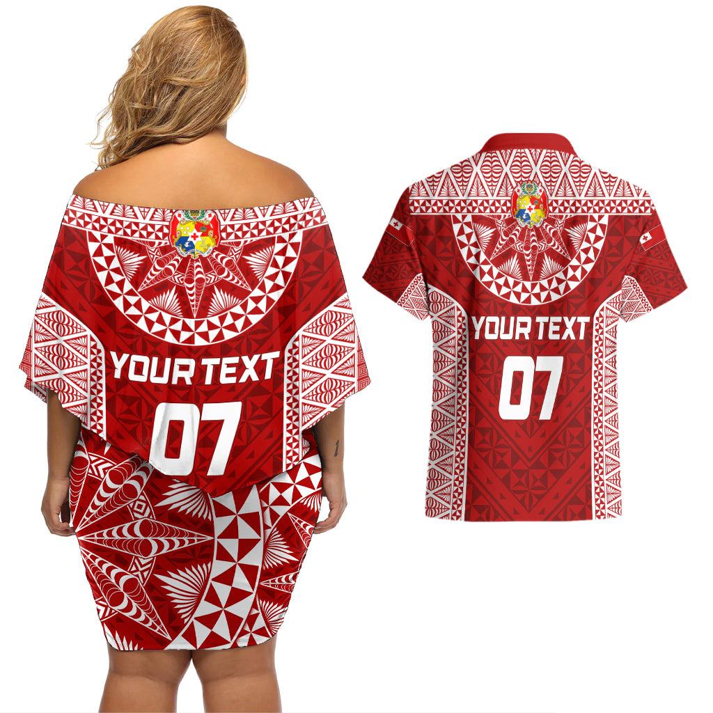 Personalised Tonga Rugby Couples Matching Off Shoulder Short Dress and Hawaiian Shirt Mate Ma'a Tonga Champions LT7 - Wonder Print Shop