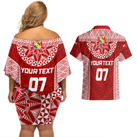 Personalised Tonga Rugby Couples Matching Off Shoulder Short Dress and Hawaiian Shirt Mate Ma'a Tonga Champions LT7 - Wonder Print Shop