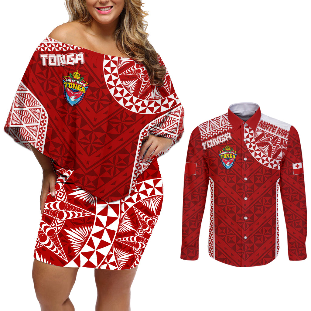 Personalised Tonga Rugby Couples Matching Off Shoulder Short Dress and Long Sleeve Button Shirts Mate Ma'a Tonga Champions LT7 - Wonder Print Shop