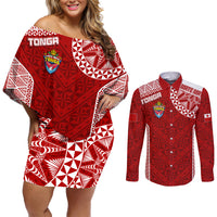 Personalised Tonga Rugby Couples Matching Off Shoulder Short Dress and Long Sleeve Button Shirts Mate Ma'a Tonga Champions LT7 - Wonder Print Shop