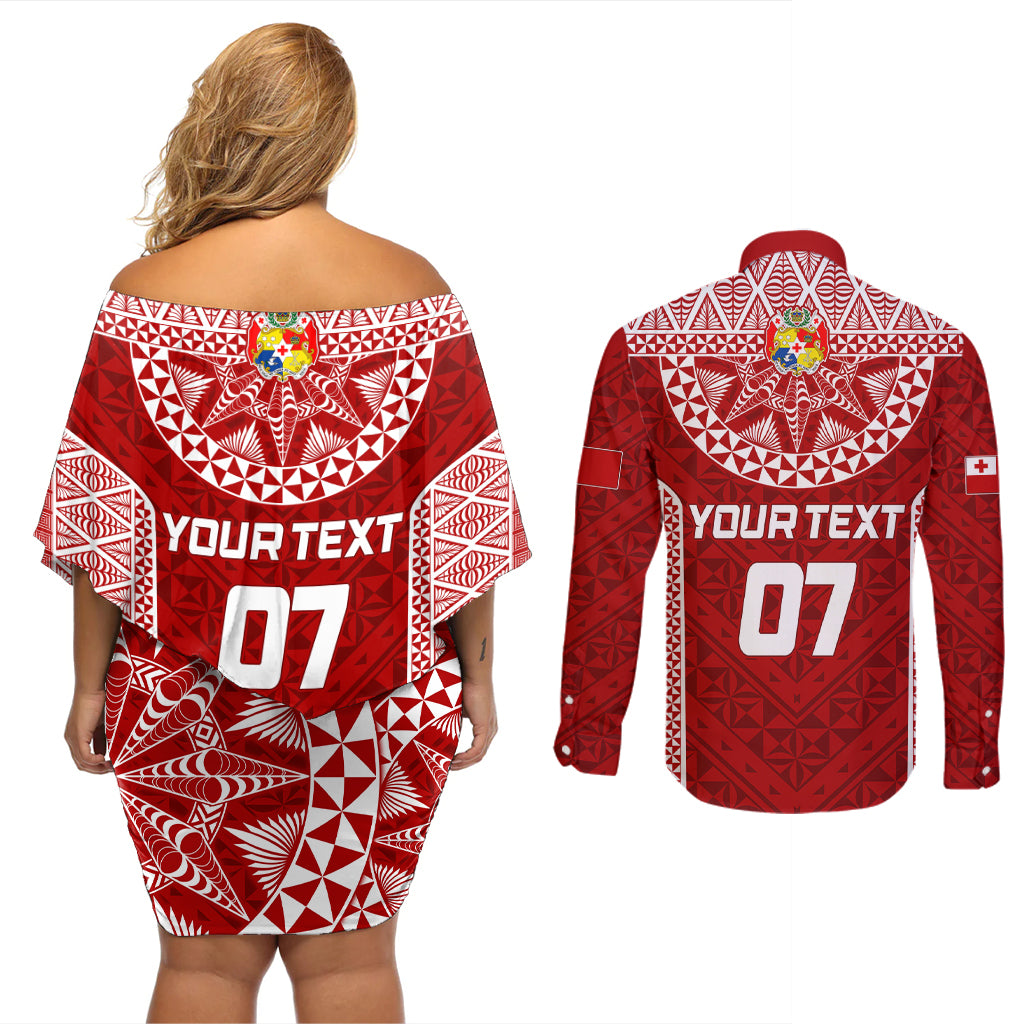 Personalised Tonga Rugby Couples Matching Off Shoulder Short Dress and Long Sleeve Button Shirts Mate Ma'a Tonga Champions LT7 - Wonder Print Shop