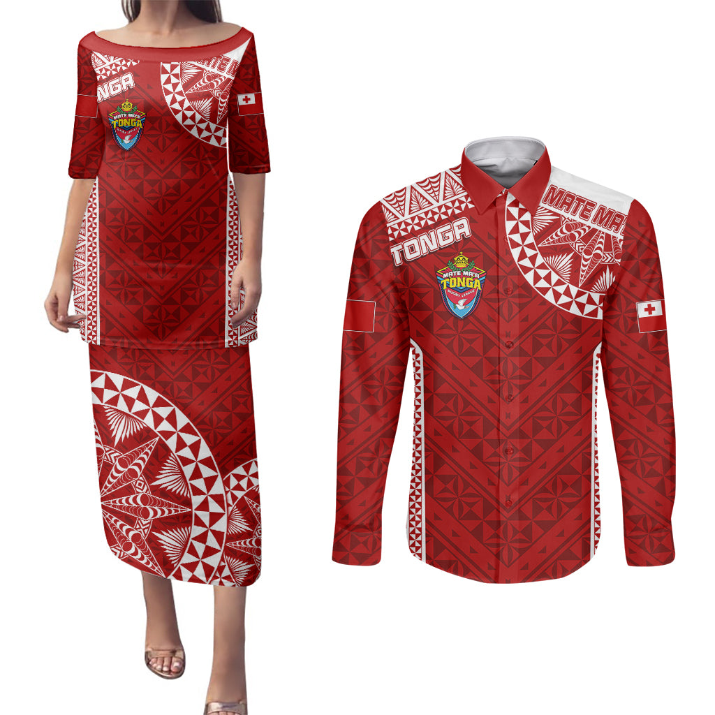 Personalised Tonga Rugby Couples Matching Puletasi Dress and Long Sleeve Button Shirts Mate Ma'a Tonga Champions LT7 - Wonder Print Shop