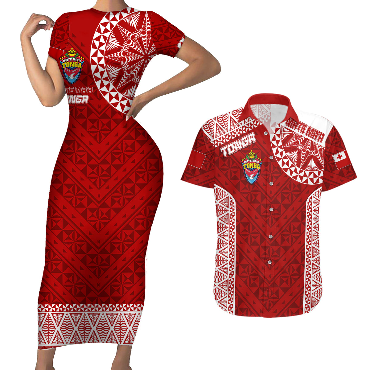 Personalised Tonga Rugby Couples Matching Short Sleeve Bodycon Dress and Hawaiian Shirt Mate Ma'a Tonga Champions LT7 - Wonder Print Shop