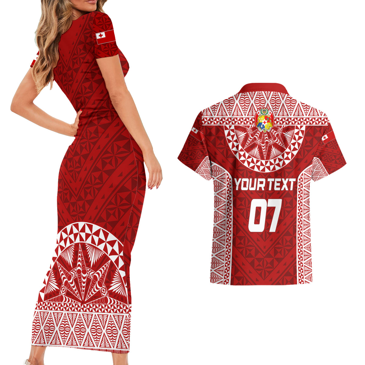 Personalised Tonga Rugby Couples Matching Short Sleeve Bodycon Dress and Hawaiian Shirt Mate Ma'a Tonga Champions LT7 - Wonder Print Shop