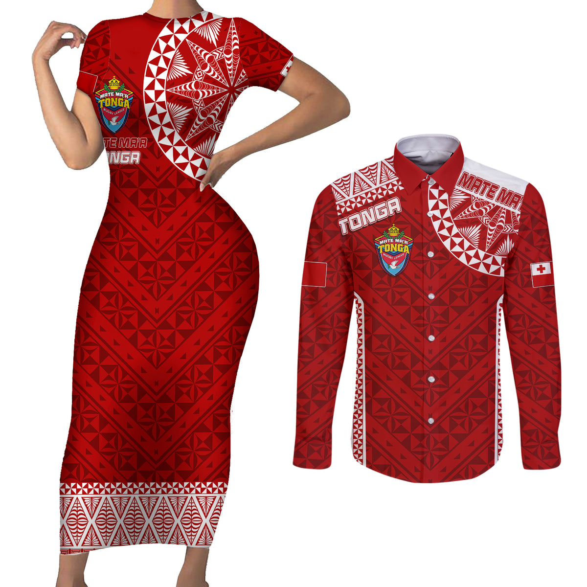 Personalised Tonga Rugby Couples Matching Short Sleeve Bodycon Dress and Long Sleeve Button Shirts Mate Ma'a Tonga Champions LT7 - Wonder Print Shop
