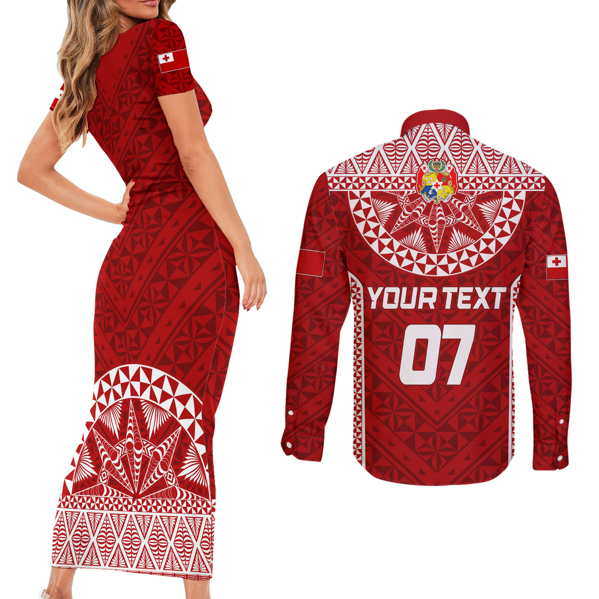 Personalised Tonga Rugby Couples Matching Short Sleeve Bodycon Dress and Long Sleeve Button Shirts Mate Ma'a Tonga Champions LT7 - Wonder Print Shop