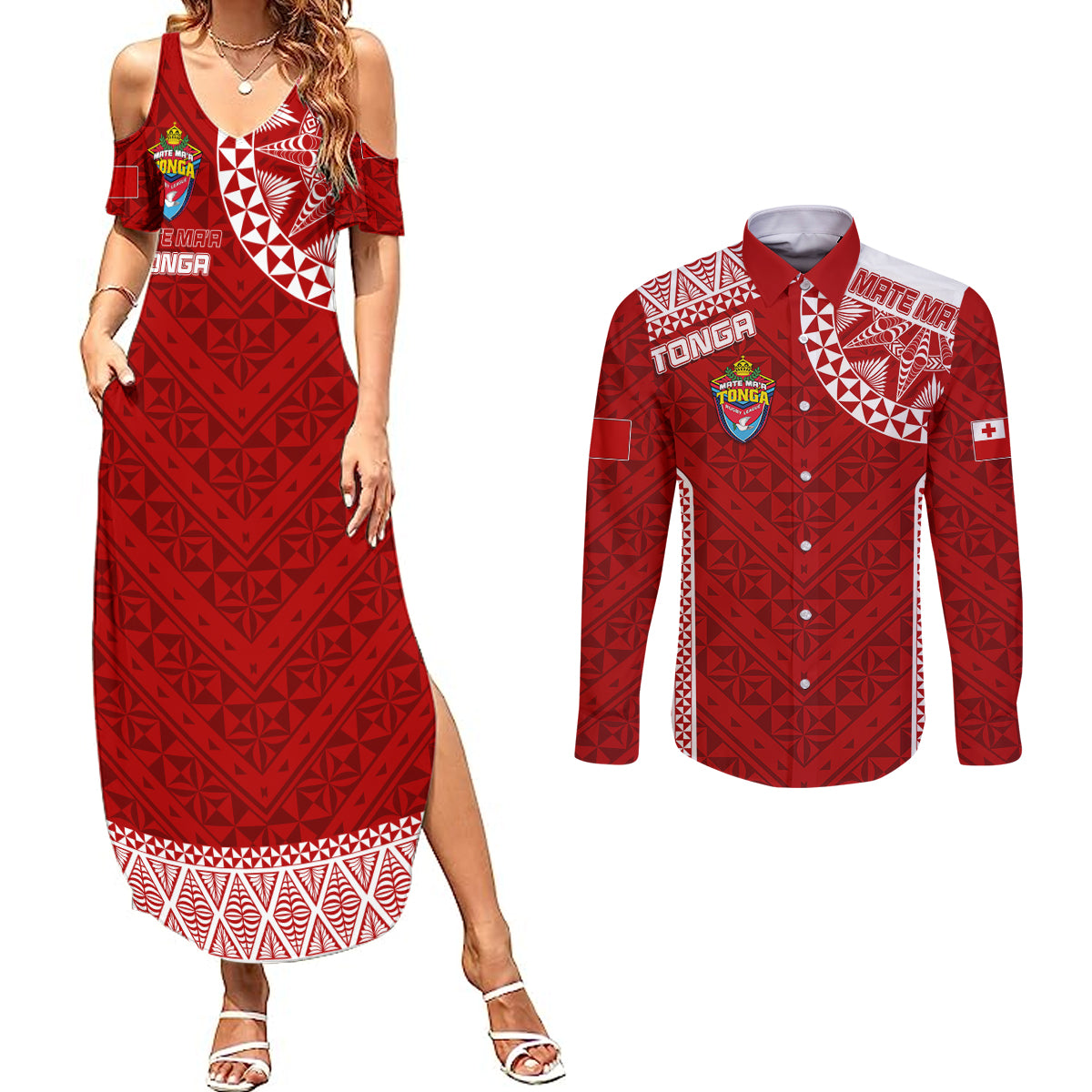 Personalised Tonga Rugby Couples Matching Summer Maxi Dress and Long Sleeve Button Shirts Mate Ma'a Tonga Champions LT7 - Wonder Print Shop