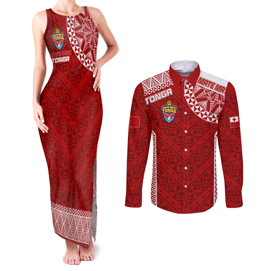 Personalised Tonga Rugby Couples Matching Tank Maxi Dress and Long Sleeve Button Shirts Mate Ma'a Tonga Champions LT7 - Wonder Print Shop