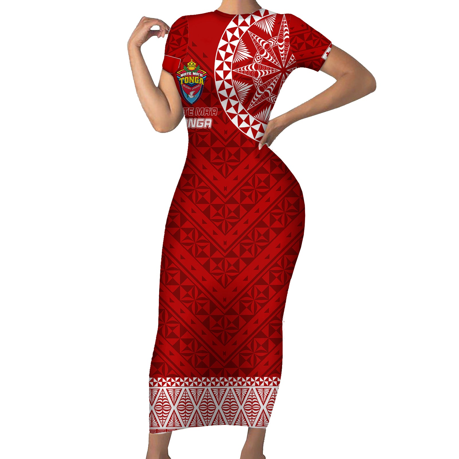 Personalised Tonga Rugby Short Sleeve Bodycon Dress Mate Ma'a Tonga Champions - Wonder Print Shop